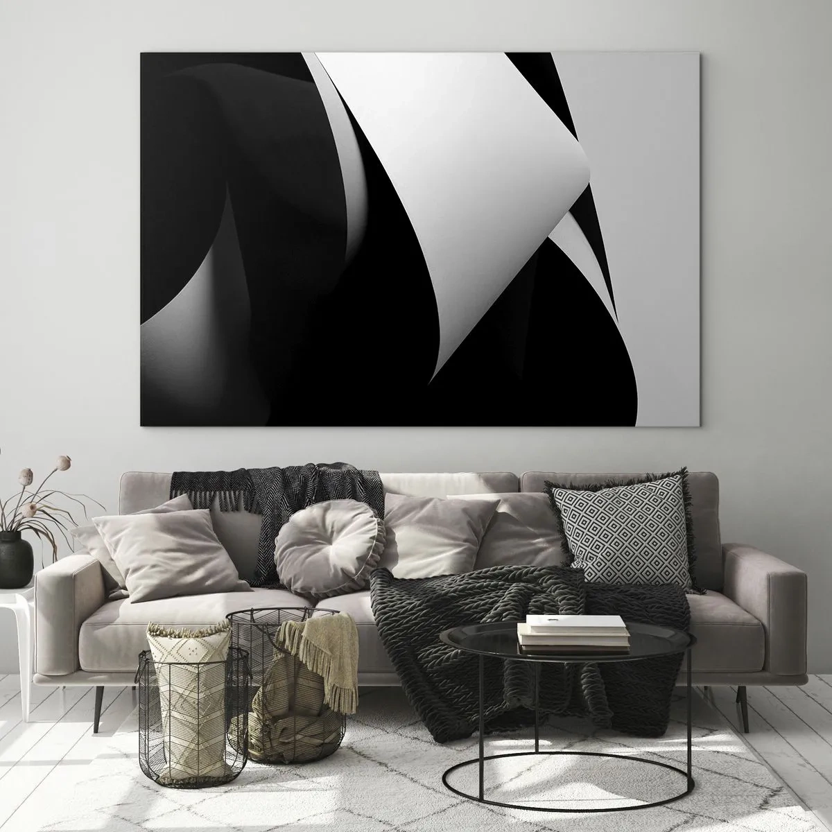 Tablou pe sticlă - O compoziție minimalistă cu planuri alb-negru - 70x50cm - Planuri de lumină din adâncurile umbrelor - Decorațiune modernă pentru perete pentru living și dormitor ARTTOR