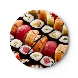 Ceas de perete - Ceas pe sticlă - Prim-plan cu sushi colorat în diferite tipuri - 30x30cm - Culorile și aromele Asiei - Decorațiune modernă pentru perete pentru living, bucătărie și dormitor ARTTOR
