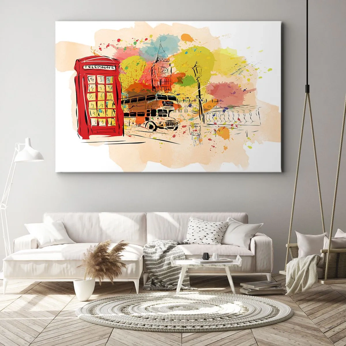 Tablou pe pânză Canvas - Temă londoneză cu autobuz roșu și cabină - 70x50cm - Orașul varietăților - Decorațiune modernă pentru perete pentru living și dormitor ARTTOR