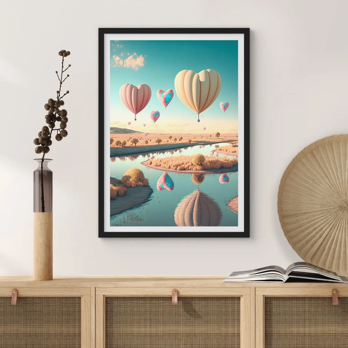 Poster în ramă neagră - Baloane în formă de inimă plutind deasupra peisajului - 50x70cm - Iubirea ne înalță - Decorațiune modernă pentru perete pentru living și dormitor ARTTOR