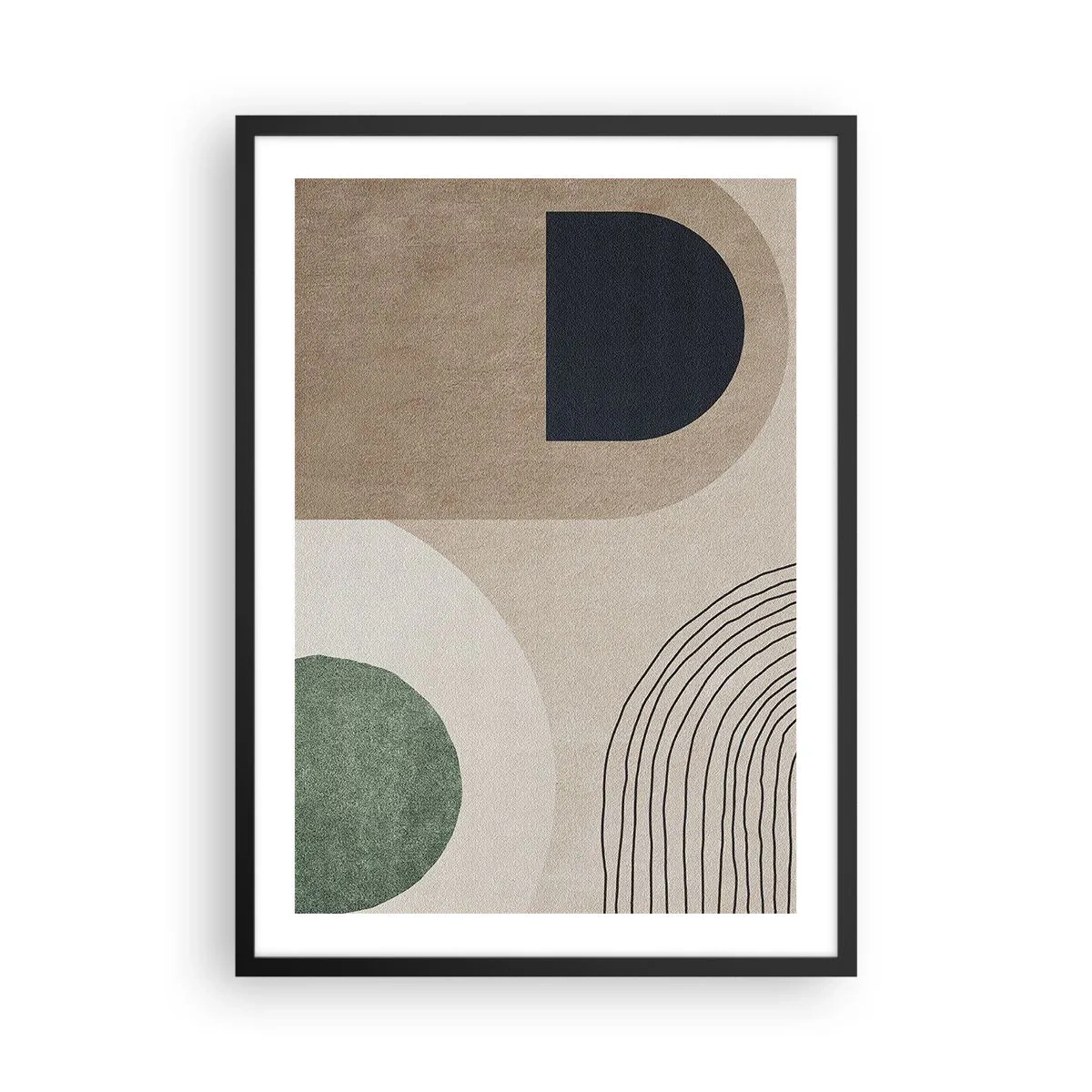 Poster în ramă neagră - Abstracție geometrică în tonuri de bej, verde și negru - 50x70cm - Blândețea ovalului - Decorațiune modernă pentru perete pentru living și dormitor ARTTOR
