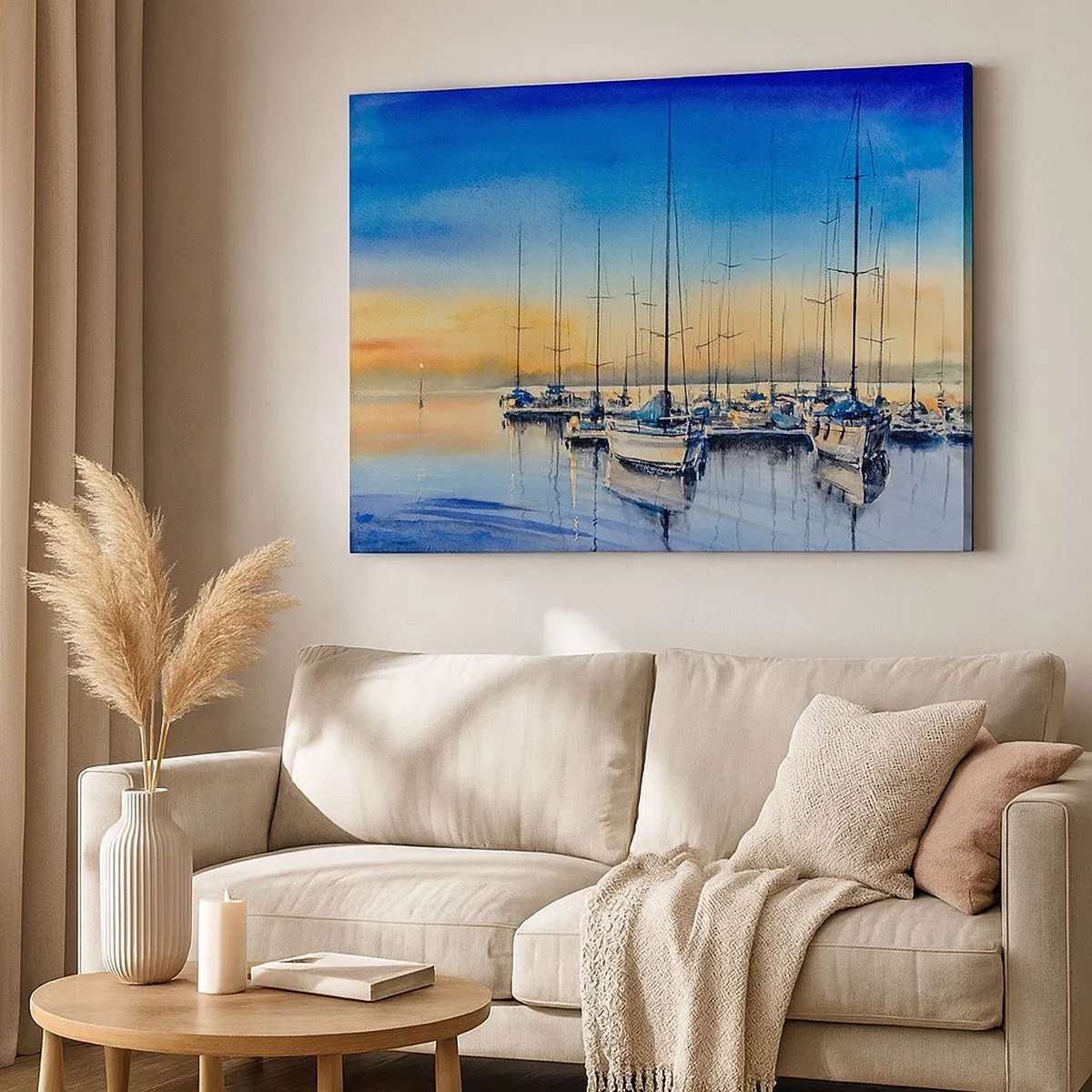 Tablou pe pânză Canvas - Port de iahturi la apus cu reflexii pe apă - 70x50cm - Sfârșitul unei zile bune - Decorațiune modernă pentru perete pentru living și dormitor ARTTOR