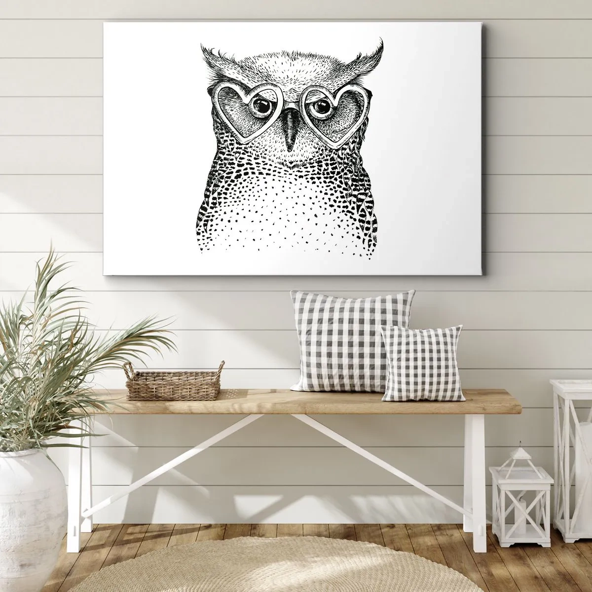 Tablou pe pânză Canvas - Grafică elegantă a unei bufnițe purtând ochelari în formă de inimă - 70x50cm - Cu înțelepciune și dragoste - Decorațiune modernă pentru perete pentru living și dormitor ARTTOR