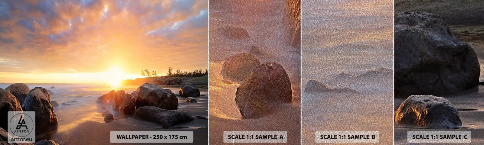 Mostră tapet Premium Sand - Briză luminoasă de seară - Peisaj, Mare, răsărit - 100x30 cm