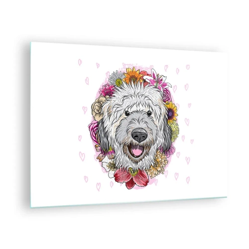 Tablou pe sticlă - Ilustrație a unui câine înconjurat de flori - 70x50cm - Bucuria cățelușului - Decorațiune modernă pentru perete pentru living și dormitor ARTTOR