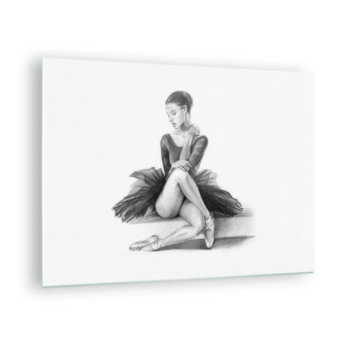 Tablou pe sticlă - Schiță a unei balerine într-o rochie neagră într-o poză gânditoare - 70x50cm - Încântată de dans - Decorațiune modernă pentru perete pentru living și dormitor ARTTOR