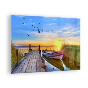 Tablou pe sticlă - dig de lemn peste un lac cu o barcă la răsărit - 70x50cm - La revedere, până mâine - Decorațiune modernă pentru perete pentru living și dormitor ARTTOR