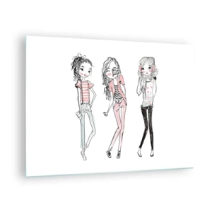 Tablou pe sticlă - Trei fete elegante în culori pastelate - 70x50cm - Hai la distracție - Decorațiune modernă pentru perete pentru living și dormitor ARTTOR