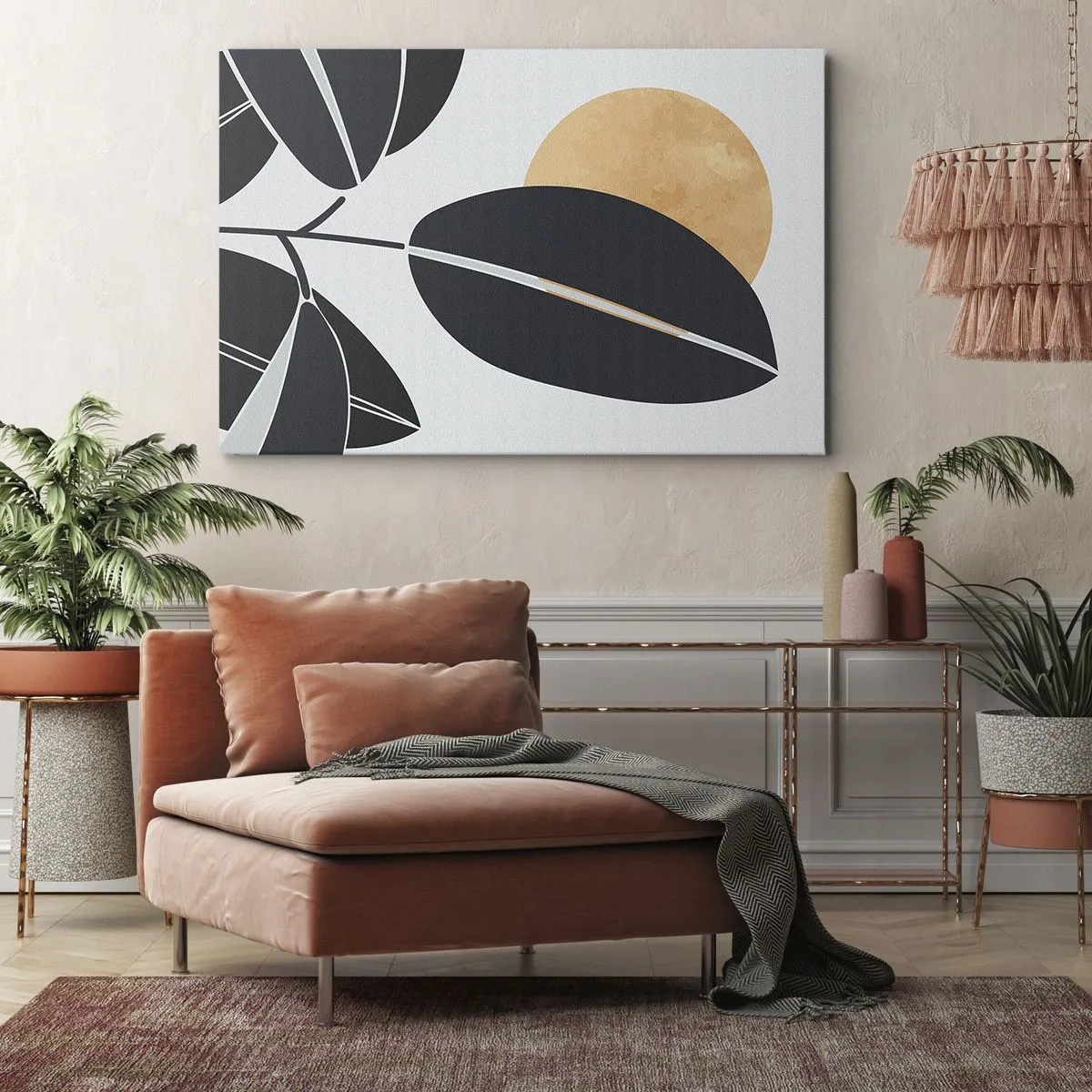 Tablou pe pânză Canvas - Un motiv minimalist de frunze cu un soare strălucitor în fundal. - 70x50cm - Ziua unei veri fierbinți - Decorațiune modernă pentru perete pentru living și dormitor ARTTOR