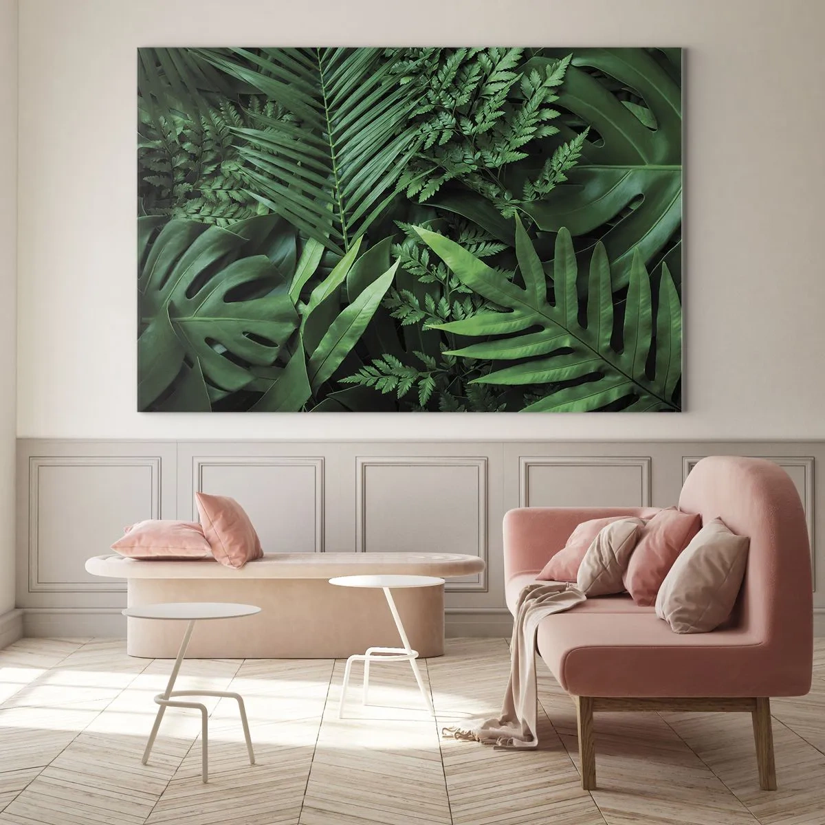 Tablou pe sticlă - Frunze verzi dense de plante tropicale în compoziție - 70x50cm - Înfășurate în verde - Decorațiune modernă pentru perete pentru living și dormitor ARTTOR