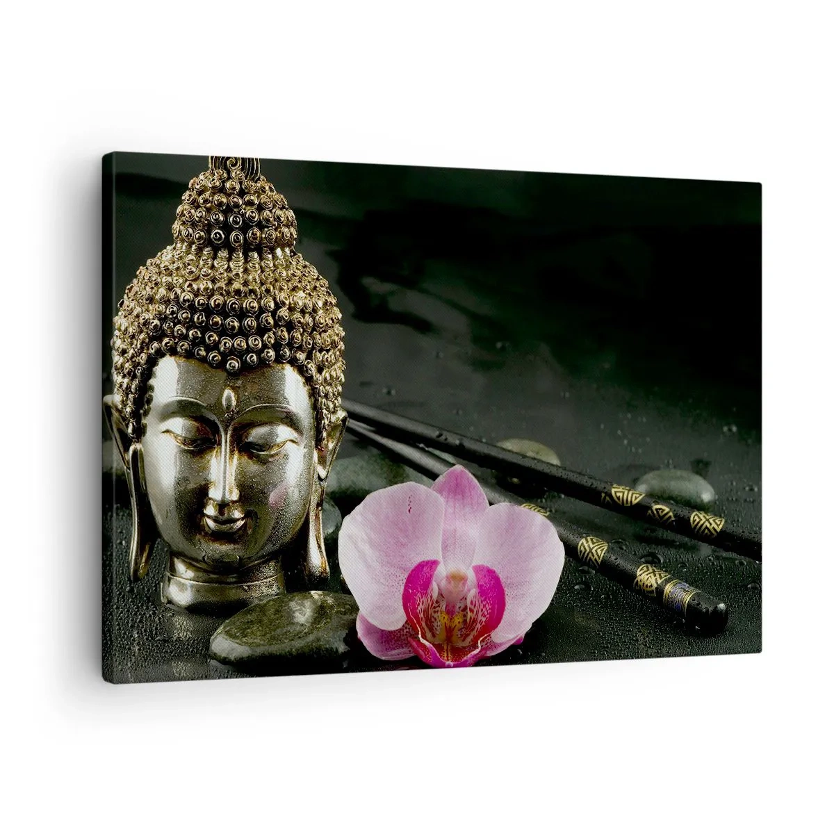 Tablou pe pânză Canvas - O statuetă a lui Buddha cu o orhidee și bețișoare pe un fundal de pietre - 70x50cm - Armonie între înțelepciune și frumusețe - Decorațiune modernă pentru perete pentru living și dormitor ARTTOR