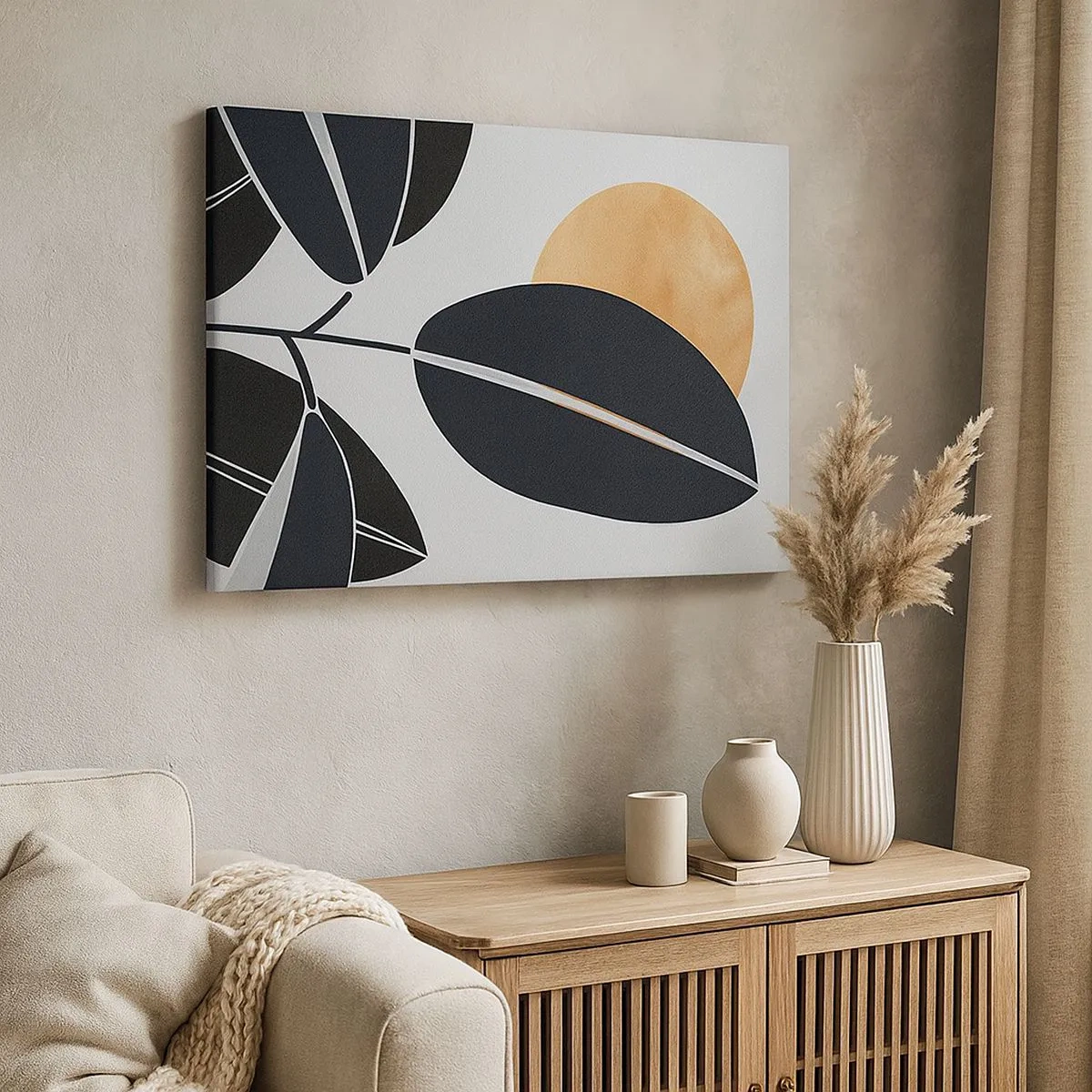 Tablou pe pânză Canvas - Un motiv minimalist de frunze cu un soare strălucitor în fundal. - 70x50cm - Ziua unei veri fierbinți - Decorațiune modernă pentru perete pentru living și dormitor ARTTOR