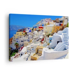 Tablou pe pânză Canvas - Panoramă a orașului Santorini cu case albe și cer albastru - 70x50cm - Visând la o vară grecească - Decorațiune modernă pentru perete pentru living și dormitor ARTTOR