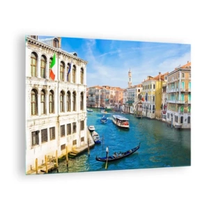 Tablou pe sticlă - Un canal din Veneția cu gondole și bărci pe apă - 70x50cm - Traficul unic în lume - Decorațiune modernă pentru perete pentru living și dormitor ARTTOR