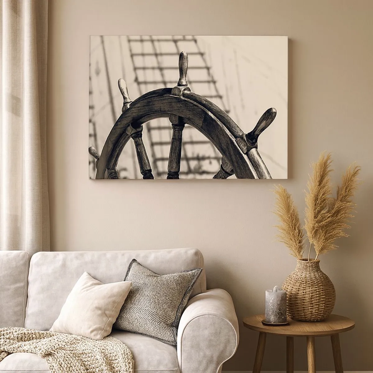 Tablou pe pânză Canvas - O cârmă de navigație în stil retro cu o navă în fundal - 70x50cm - Povești despre mare - Decorațiune modernă pentru perete pentru living și dormitor ARTTOR