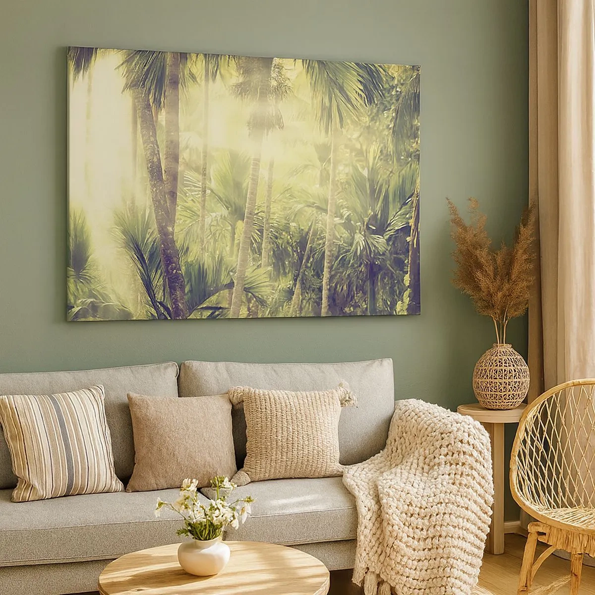 Tablou pe pânză Canvas - Razele soarelui într-o pădure tropicală de palmieri - 70x50cm - Ardoare verde - Decorațiune modernă pentru perete pentru living și dormitor ARTTOR