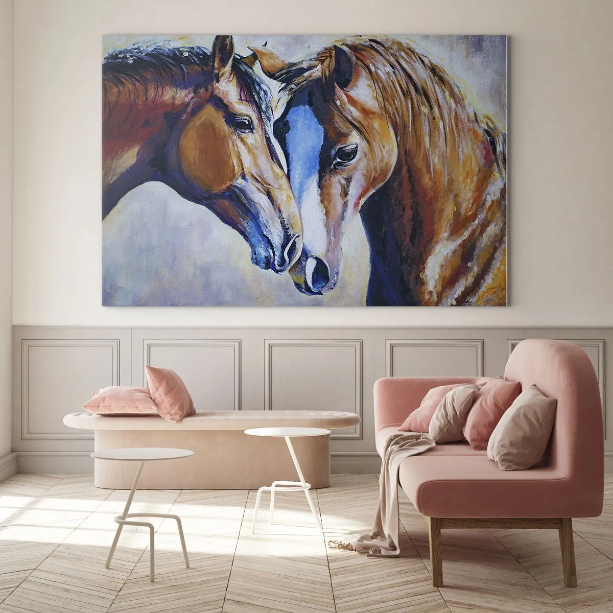 Tablou pe sticlă - Doi cai într-un gest tandru de apropiere - 70x50cm - Două suflete apropiate - Decorațiune modernă pentru perete pentru living și dormitor ARTTOR