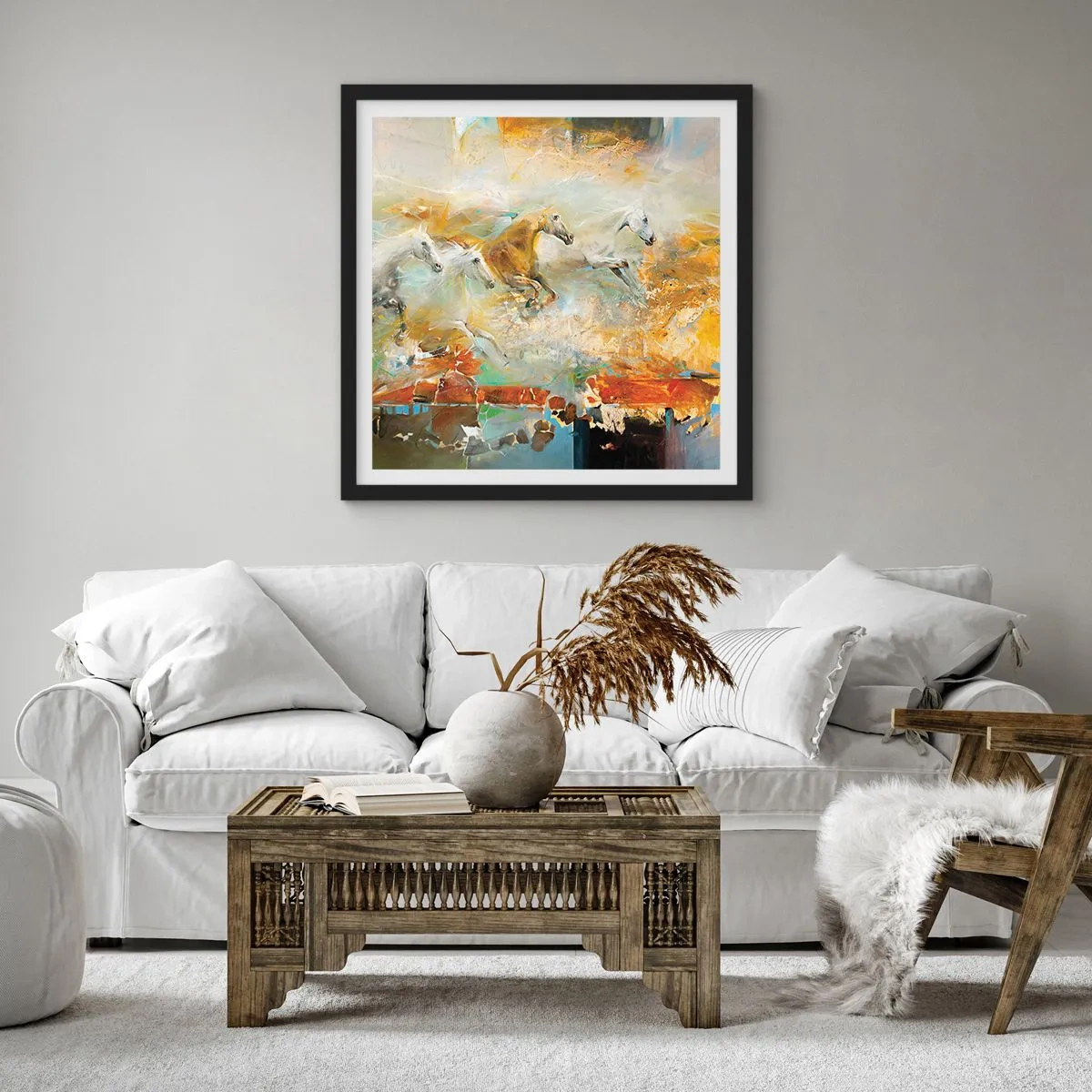 Poster în ramă neagră - Galopând prin lumină - 50x50 cm