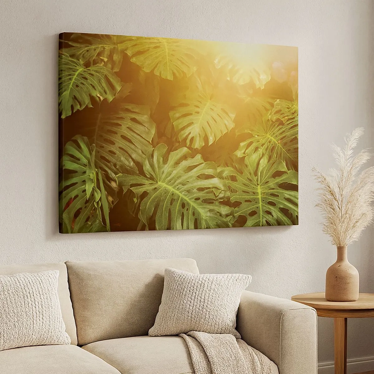 Tablou pe pânză Canvas - Frunze de Monstera în lumina soarelui pe un fundal natural - 70x50cm - Poftiți în verde - Decorațiune modernă pentru perete pentru living și dormitor ARTTOR