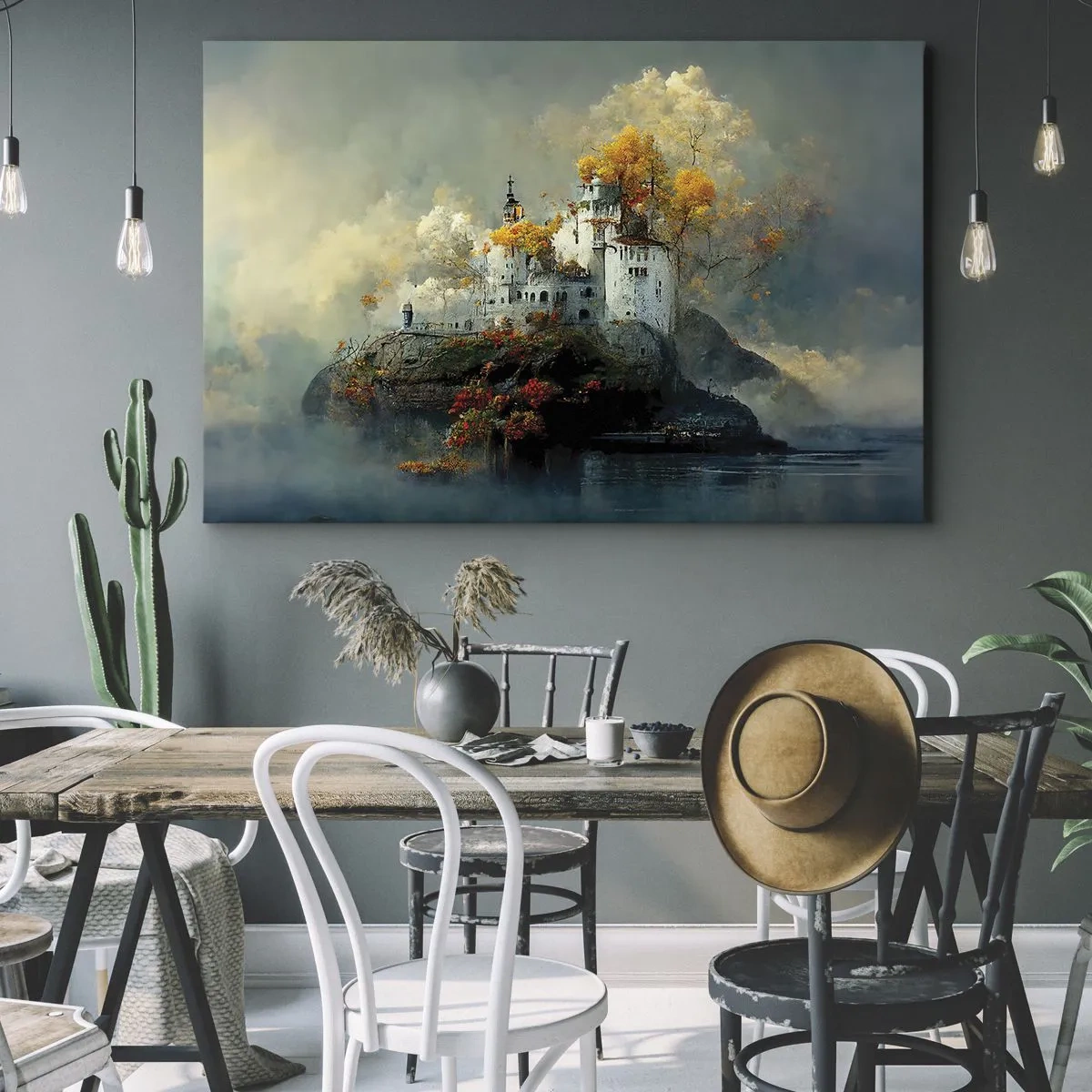 Tablou pe pânză Canvas - Un castel pe un deal înconjurat de copaci de toamnă - 70x50cm - Începutul unei povești romantice - Decorațiune modernă pentru perete pentru living și dormitor ARTTOR