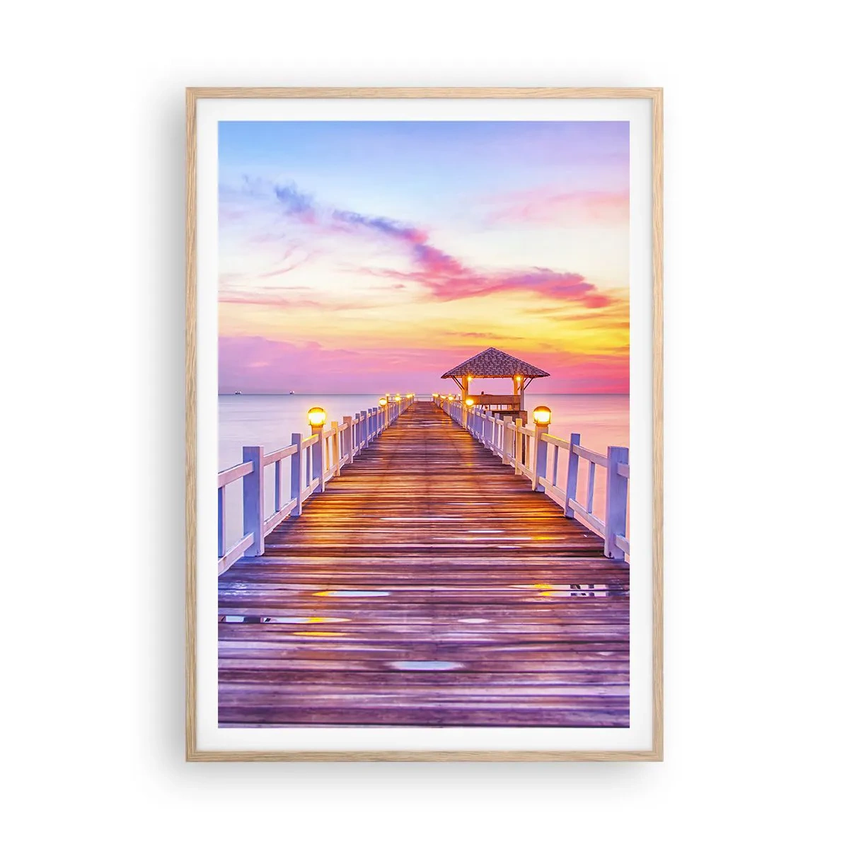 Poster în ramă de stejar deschis - Tăcerea serii în liliac-auriu - 70x100 cm