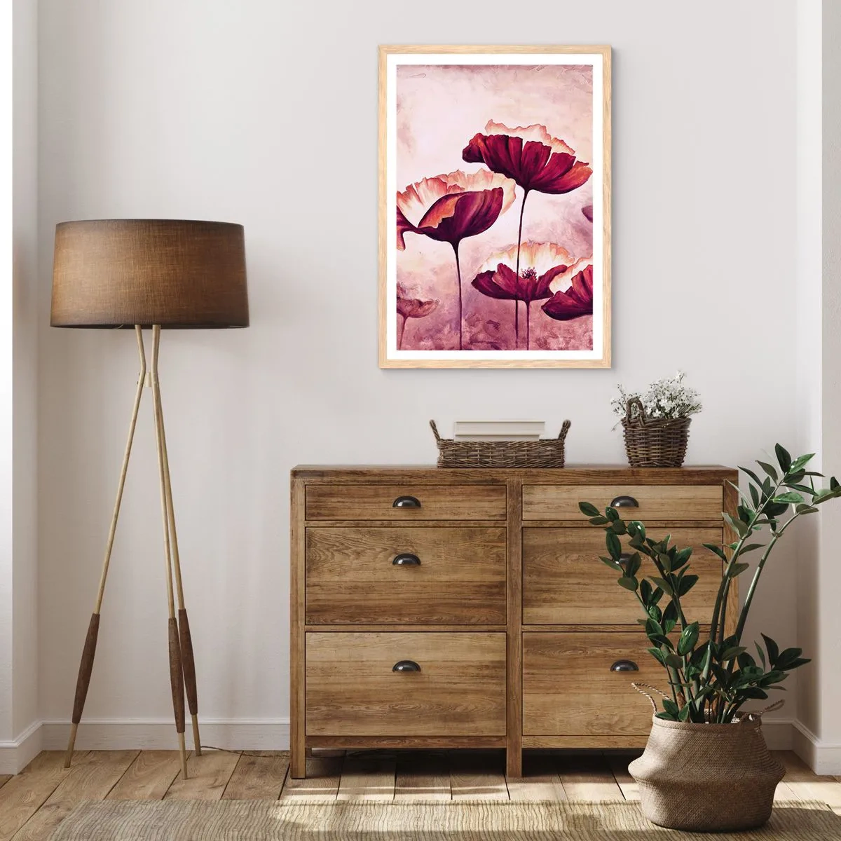 Poster în ramă de stejar deschis - Fulgi roșii și albi - 61x91 cm