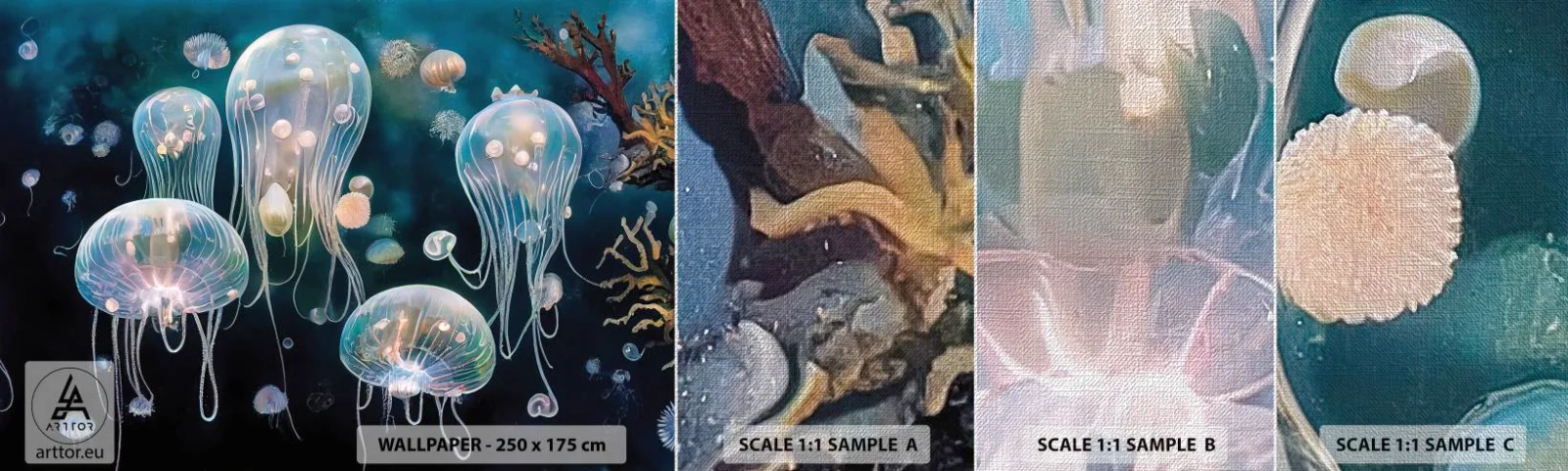 Mostră tapet Premium Canvas - Balul subacvatic - meduze, Animale, Adâncimi - 100x30 cm