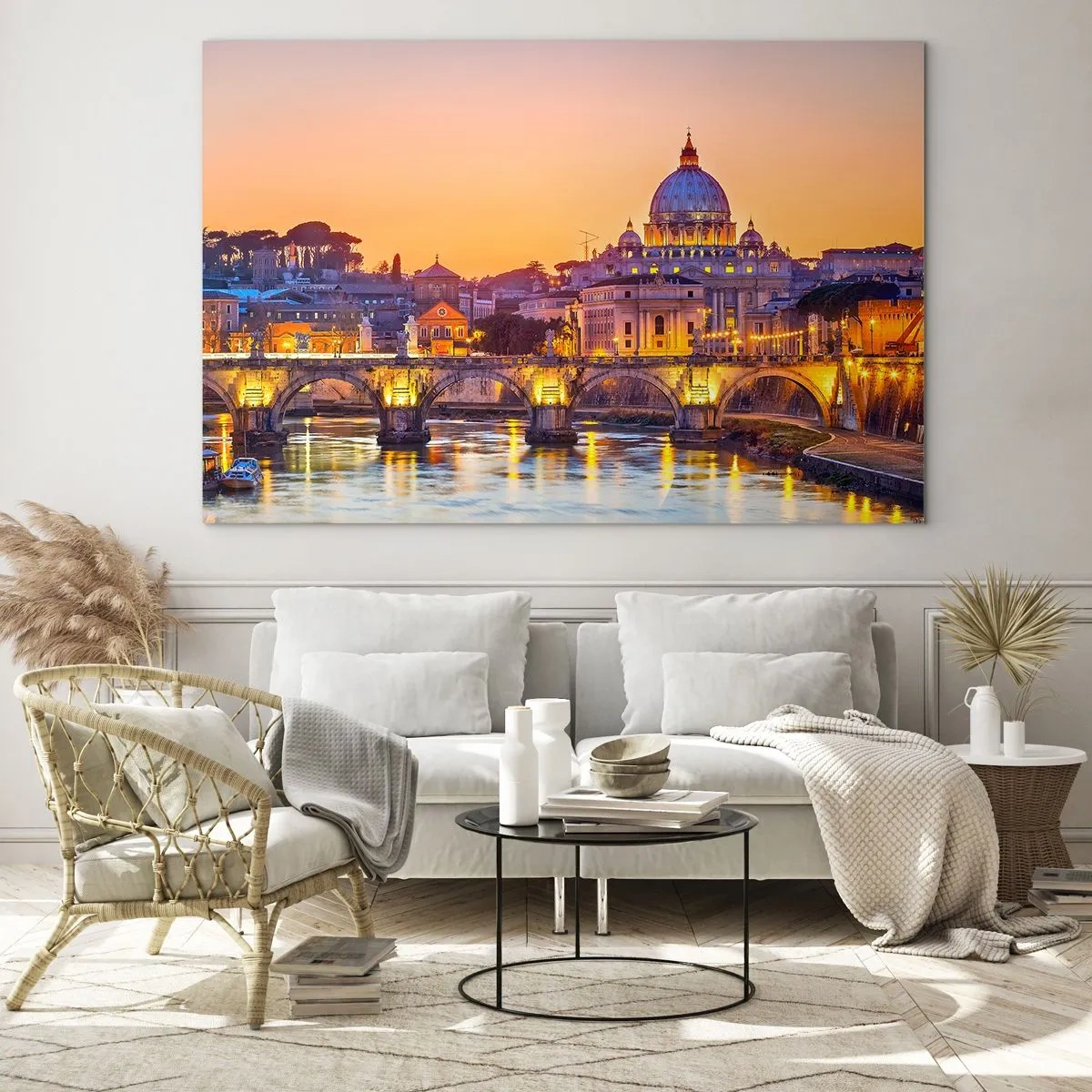 Tablou pe sticlă - Pod și bazilică în Roma la apus - 70x50cm - Amurg deasupra Orașului Etern - Decorațiune modernă pentru perete pentru living și dormitor ARTTOR