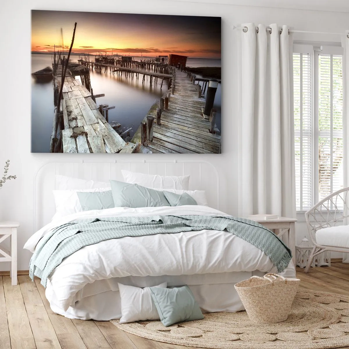 Tablou pe pânză Canvas - Diguri de lemn pe ape calme la apus - 70x50cm - Autentic, nu o atracție turistică - Decorațiune modernă pentru perete pentru living și dormitor ARTTOR