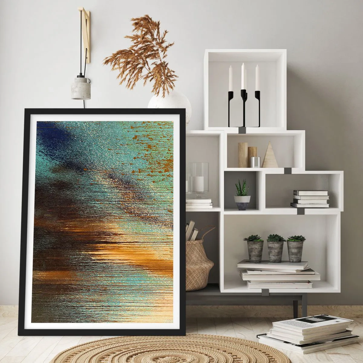 Poster în ramă neagră - O compoziție abstractă din tușe de vopsea aurie și albastră. - 50x70cm - O compoziție cromatică neaccidentală - Decorațiune modernă pentru perete pentru living și dormitor ARTTOR