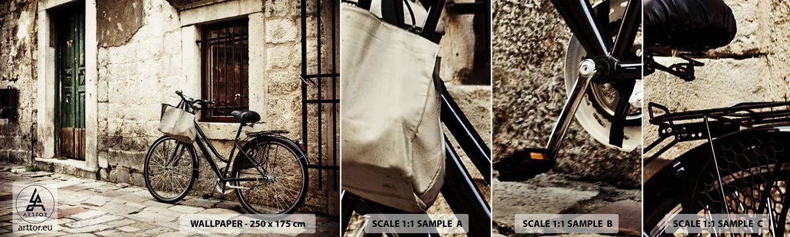 Mostră de Tapet Standard Eco - Înapoi în trecut - Arhitectură, Bicicleta, Epocă - 100x30 cm