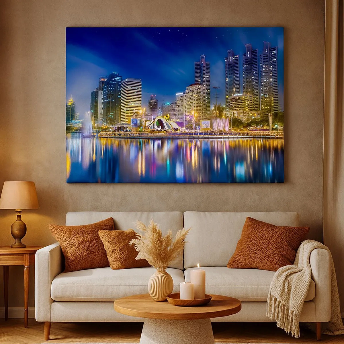Tablou pe pânză Canvas - Panoramă nocturnă a orașului cu lumini reflectate pe apă - 70x50cm - Noaptea de curcubeu a metropolei - Decorațiune modernă pentru perete pentru living și dormitor ARTTOR
