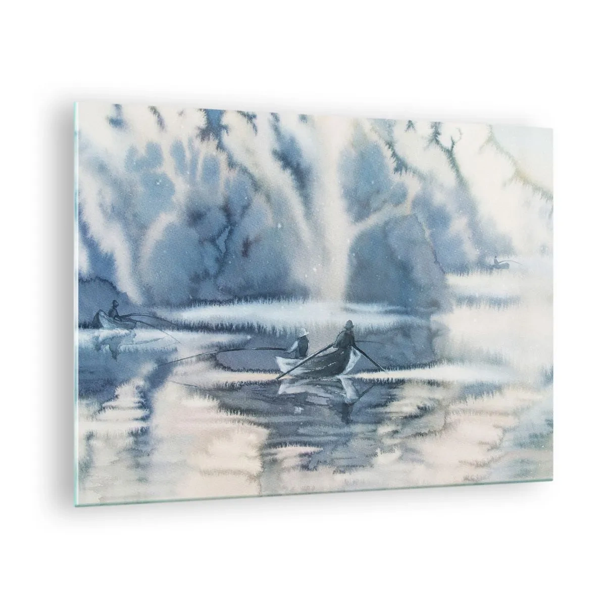 Tablou pe sticlă - Doi pescari pe o barcă înconjurați de un peisaj cețos - 70x50cm - Pescarii în paradisul lor - Decorațiune modernă pentru perete pentru living și dormitor ARTTOR