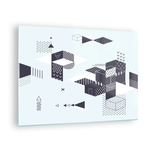 Tablou pe sticlă - Compoziție geometrică abstractă în alb și negru pe un fundal deschis - 70x50cm - În sufletul matematicii - Decorațiune modernă pentru perete pentru living și dormitor ARTTOR