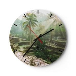 Ceas de perete - Ceas pe sticlă - Terase de orez într-un peisaj tropical într-o dimineață cețoasă - 30x30cm - Crescând la soare - Decorațiune modernă pentru perete pentru living, bucătărie și dormitor ARTTOR
