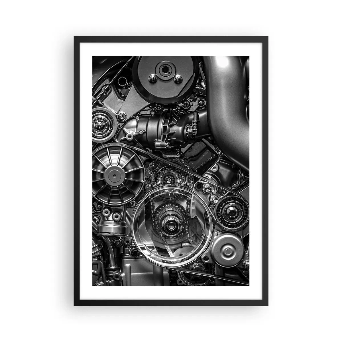 Poster în ramă neagră - Prim-plan detaliat al componentelor mecanice ale motorului, în alb și negru - 50x70cm - Poezia mecanicii - Decorațiune modernă pentru perete pentru living și dormitor ARTTOR