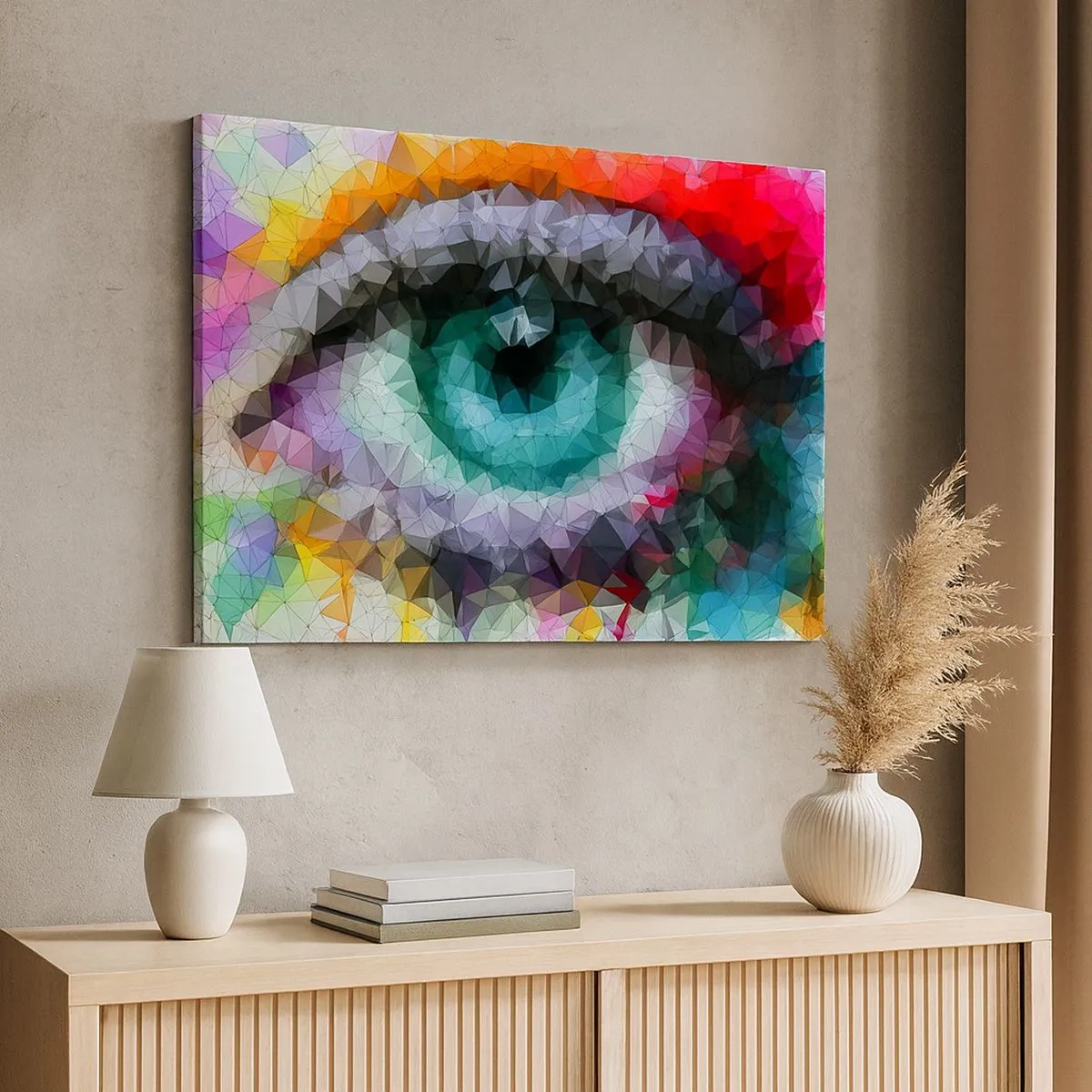 Tablou pe pânză Canvas - Aspect geometric cu ochi verzi - 70x50cm - Strălucire cristalină a ochilor - Decorațiune modernă pentru perete pentru living și dormitor ARTTOR