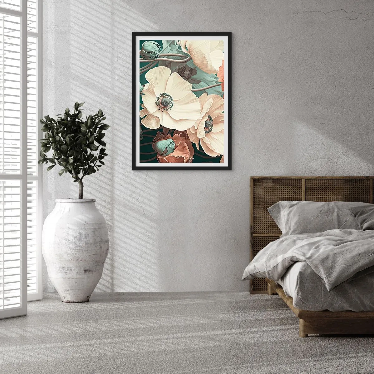 Poster în ramă neagră - Flori delicate în nuanțe pastelate pe un fundal închis - 50x70cm - Șoapta macilor - Decorațiune modernă pentru perete pentru living și dormitor ARTTOR