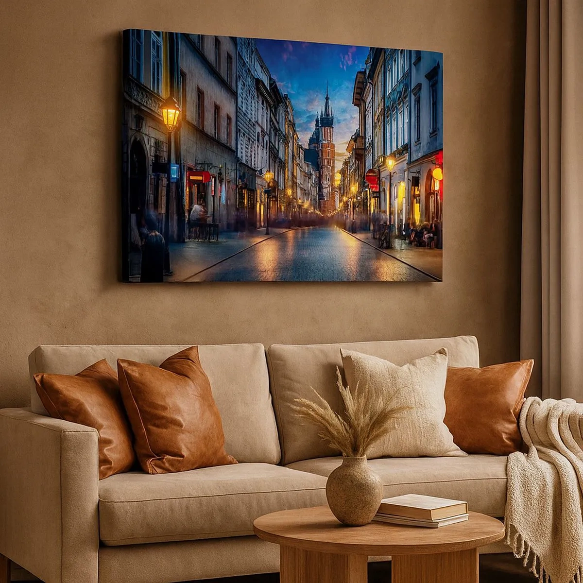 Tablou pe pânză Canvas - Stradă de seară cu vedere la Catedrala din Cracovia - 70x50cm - Farmecul Cracoviei - Decorațiune modernă pentru perete pentru living și dormitor ARTTOR