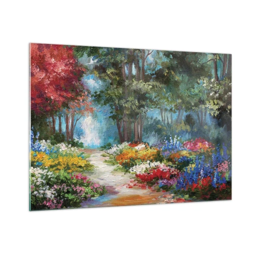 Tablou pe sticlă - Grădină de pădure, pădure de flori - 100x70 cm