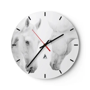 Ceas de perete - Ceas pe sticlă - Doi cai albi stând unul față în față pe un fundal alb - 30x30cm - Este aceasta o prietenie...? - Decorațiune modernă pentru perete pentru living, bucătărie și dormitor ARTTOR