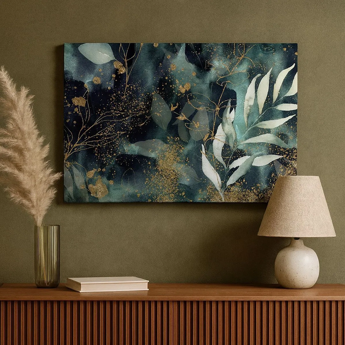 Tablou pe pânză Canvas - Frunze elegante pe un fundal închis cu accente aurii - 70x50cm - Grădina fermecată - Decorațiune modernă pentru perete pentru living și dormitor ARTTOR
