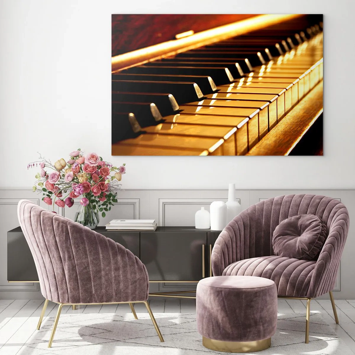 Tablou pe sticlă - Prim-plan al clapelor de pian în lumină caldă - 70x50cm - Posibilități nelimitate - Decorațiune modernă pentru perete pentru living și dormitor ARTTOR