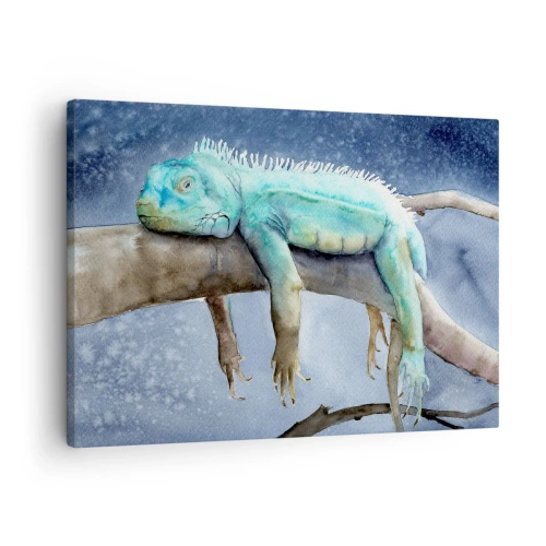 Tablou pe pânză Canvas - Iguana albastră odihnindu-se pe o creangă - 70x50cm - Este bine! - Decorațiune modernă pentru perete pentru living și dormitor ARTTOR