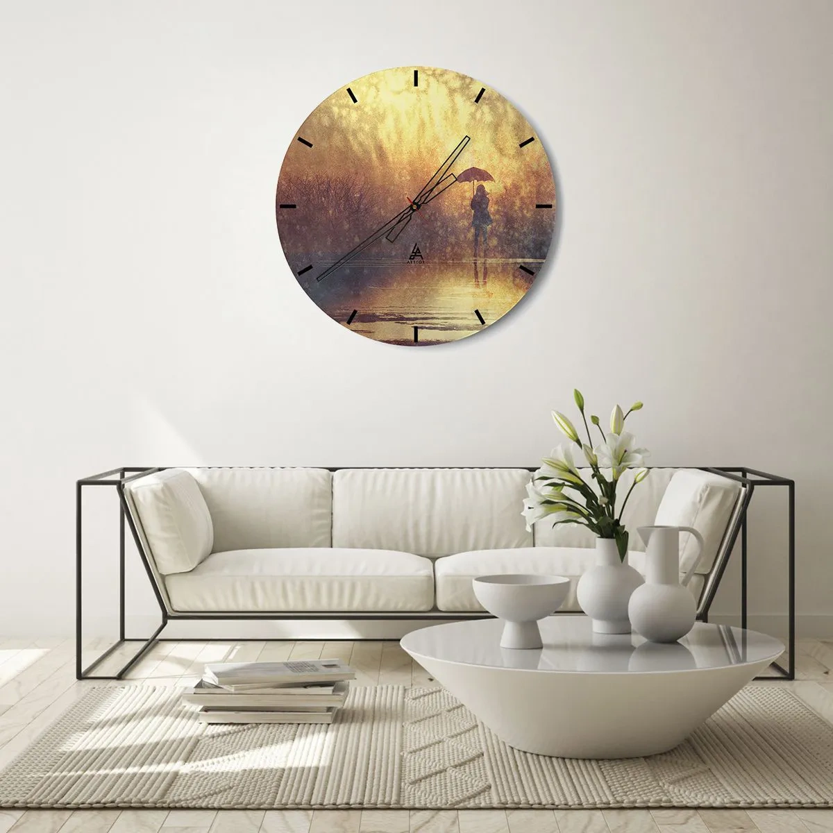 Ceas de perete - Ceas pe sticlă - O figură cu o umbrelă pe fundalul ploii și al luminii calde - 30x30cm - Simt că cineva se uită la mine - Decorațiune modernă pentru perete pentru living, bucătărie și dormitor ARTTOR