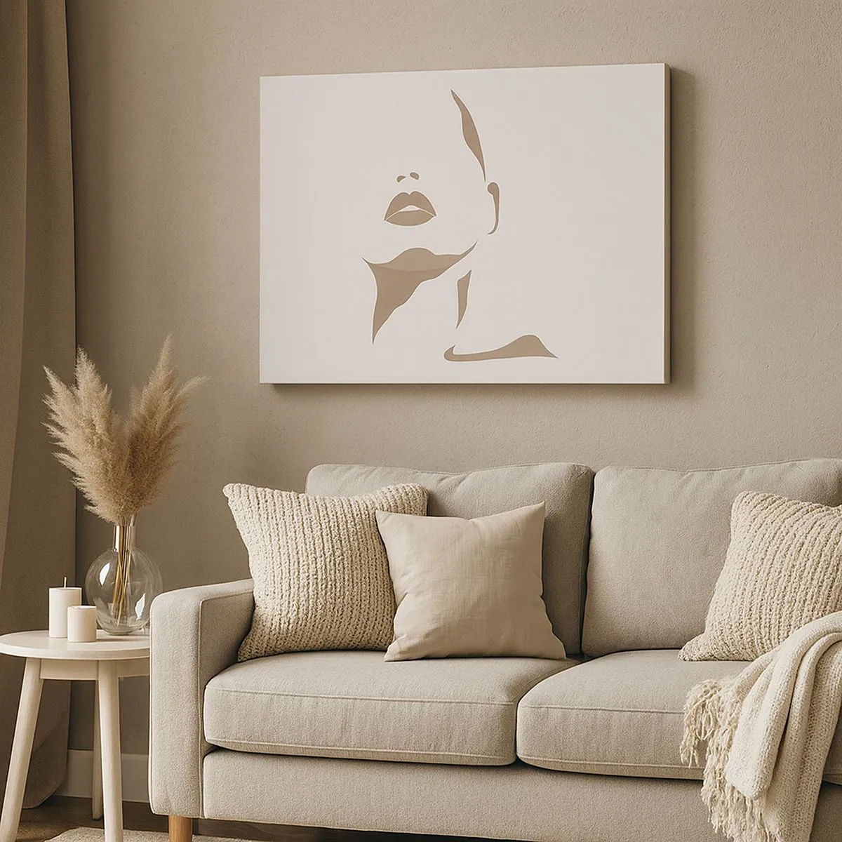 Tablou pe pânză Canvas - Contur minimalist al feței unei femei în tonuri delicate de bej - 70x50cm - Creată din lumină și umbră - Decorațiune modernă pentru perete pentru living și dormitor ARTTOR