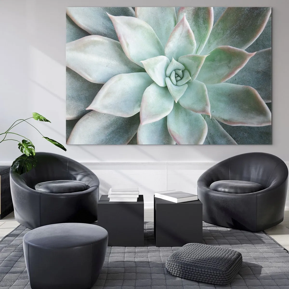 Tablou pe sticlă - Frunze suculente uscate cu o nuanță delicată, gri-verzuie - 70x50cm - Inima deșertului - Decorațiune modernă pentru perete pentru living și dormitor ARTTOR