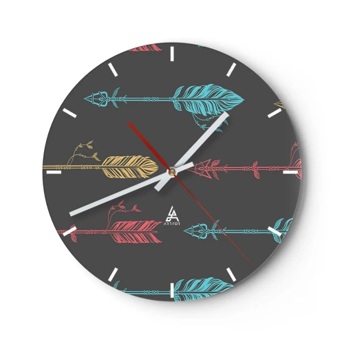 Ceas de perete - Ceas pe sticlă - Săgeți colorate pe un fundal gri închis - 30x30cm - În ordine - Decorațiune modernă pentru perete pentru living, bucătărie și dormitor ARTTOR