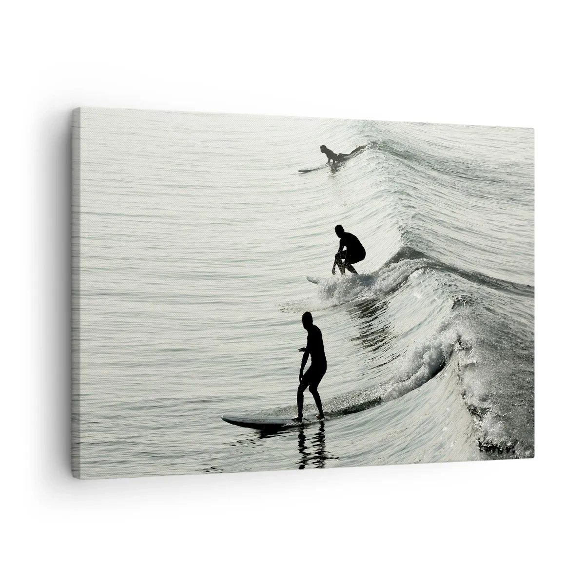 Tablou pe pânză Canvas - Surferi pe valuri într-o fotografie monocromă - 70x50cm - Pentru a întâmpina valul - Decorațiune modernă pentru perete pentru living și dormitor ARTTOR