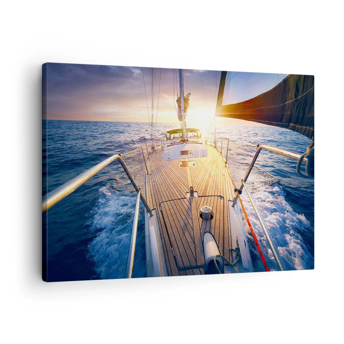 Tablou pe pânză Canvas - Iaht pe mare în timpul apusului - 70x50cm - Alergând pe valuri - Decorațiune modernă pentru perete pentru living și dormitor ARTTOR